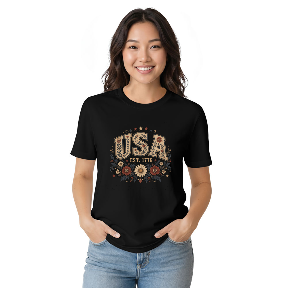 USA Botanical Flower Pattern Graphic T-Shirt