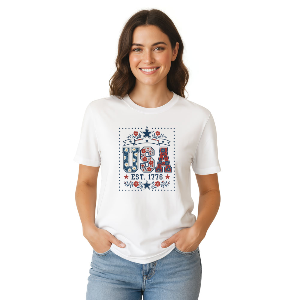 USA Flower Pattern T-Shirt - Patriotic Floral Gift