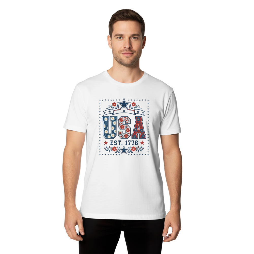 USA Flower Pattern T-Shirt - Patriotic Floral Gift