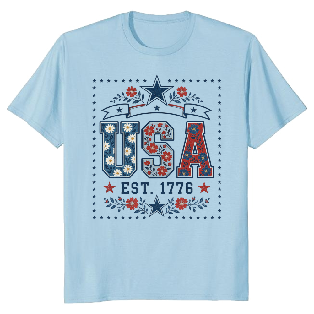 USA Flower Pattern T-Shirt - Patriotic Floral Gift