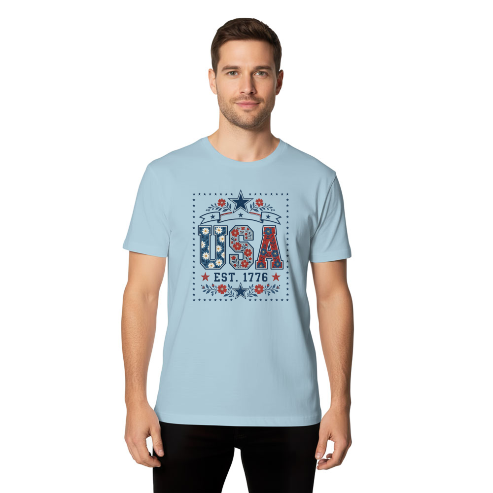 USA Flower Pattern T-Shirt - Patriotic Floral Gift