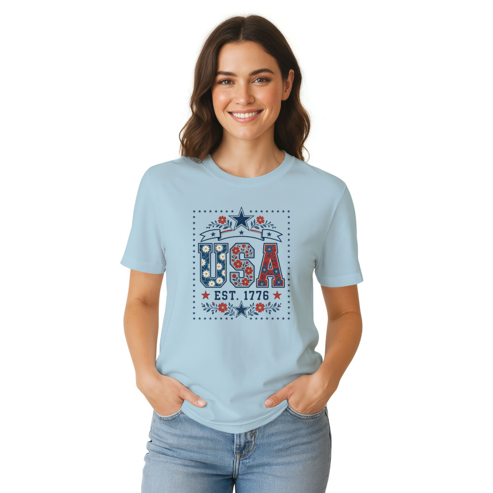 USA Flower Pattern T-Shirt - Patriotic Floral Gift