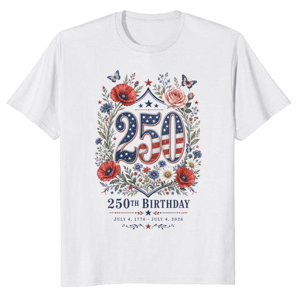 Patriotic 250 Years of Freedom Floral T-Shirt - USA 250th Anniversary Gift