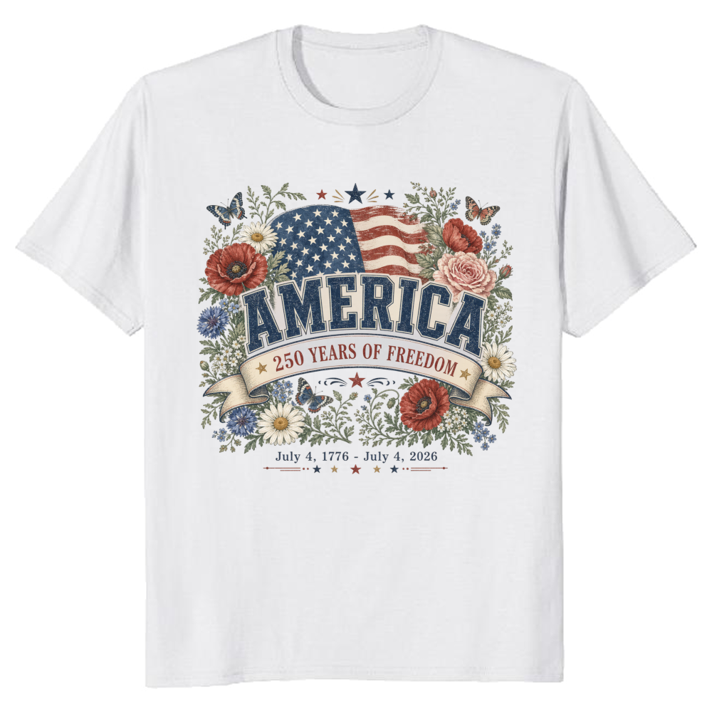 Patriotic 250 Years of Freedom Flower T-Shirt - USA 250 Celebration Gift