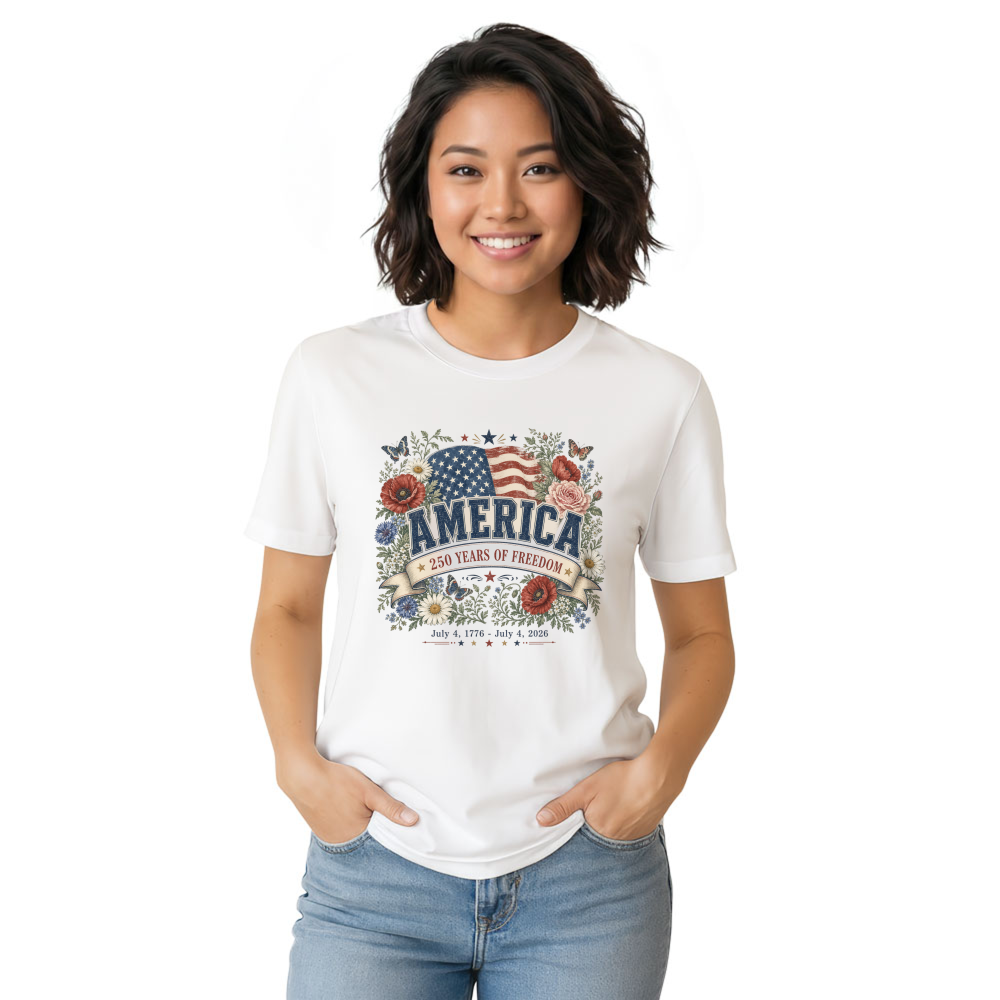 Patriotic 250 Years of Freedom Flower T-Shirt - USA 250 Celebration Gift
