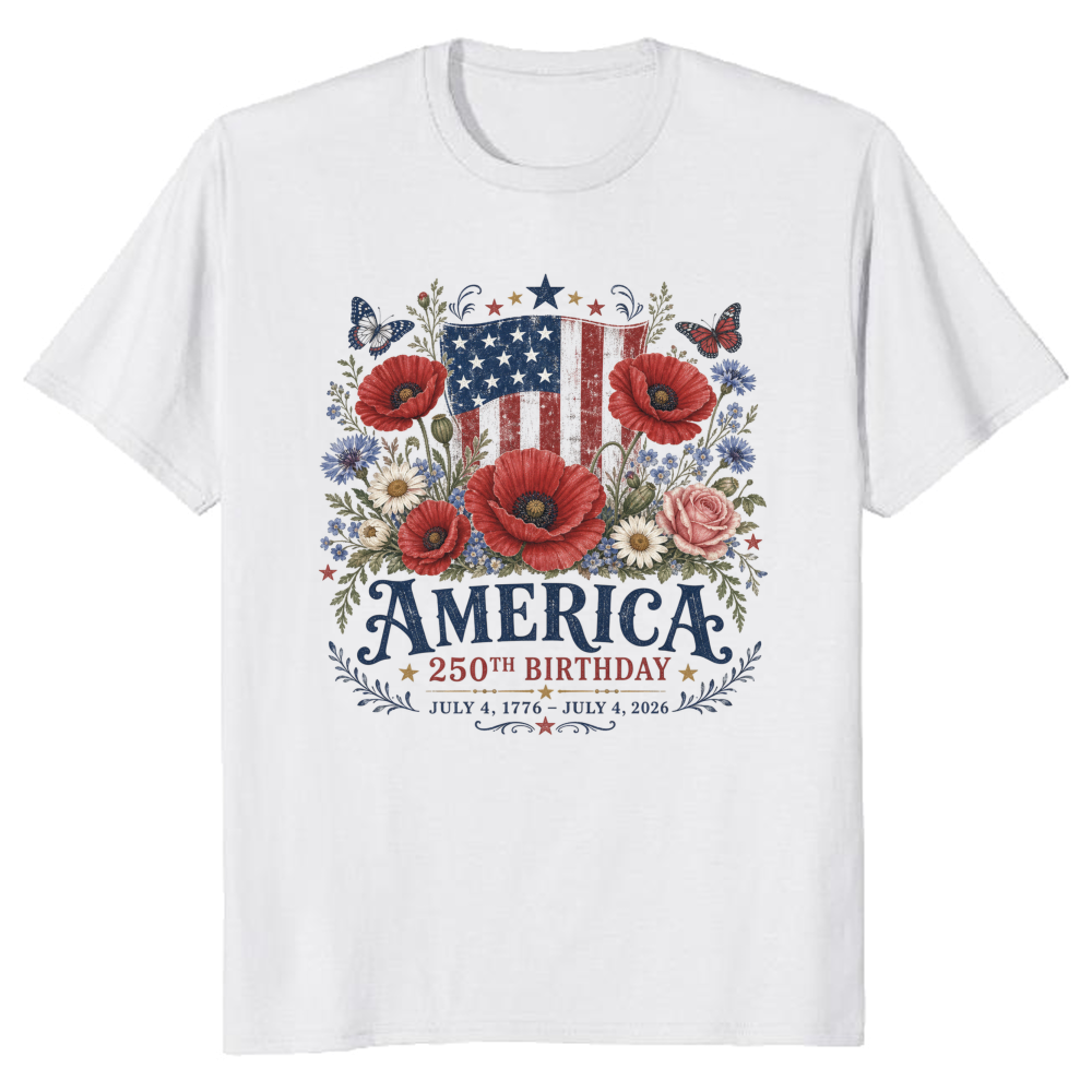 Patriotic 250 Years of Freedom Flower T-Shirt - USA 250 Celebration Gift