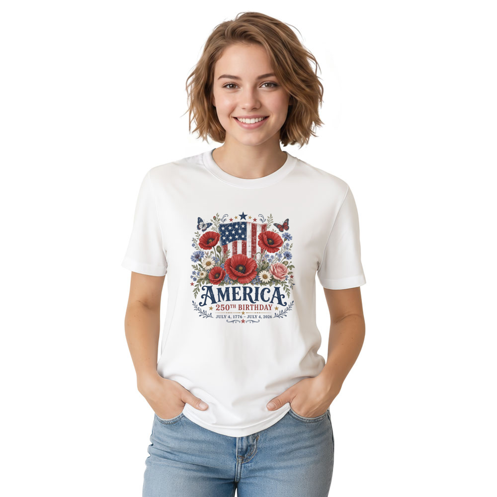 Patriotic 250 Years of Freedom Flower T-Shirt - USA 250 Celebration Gift