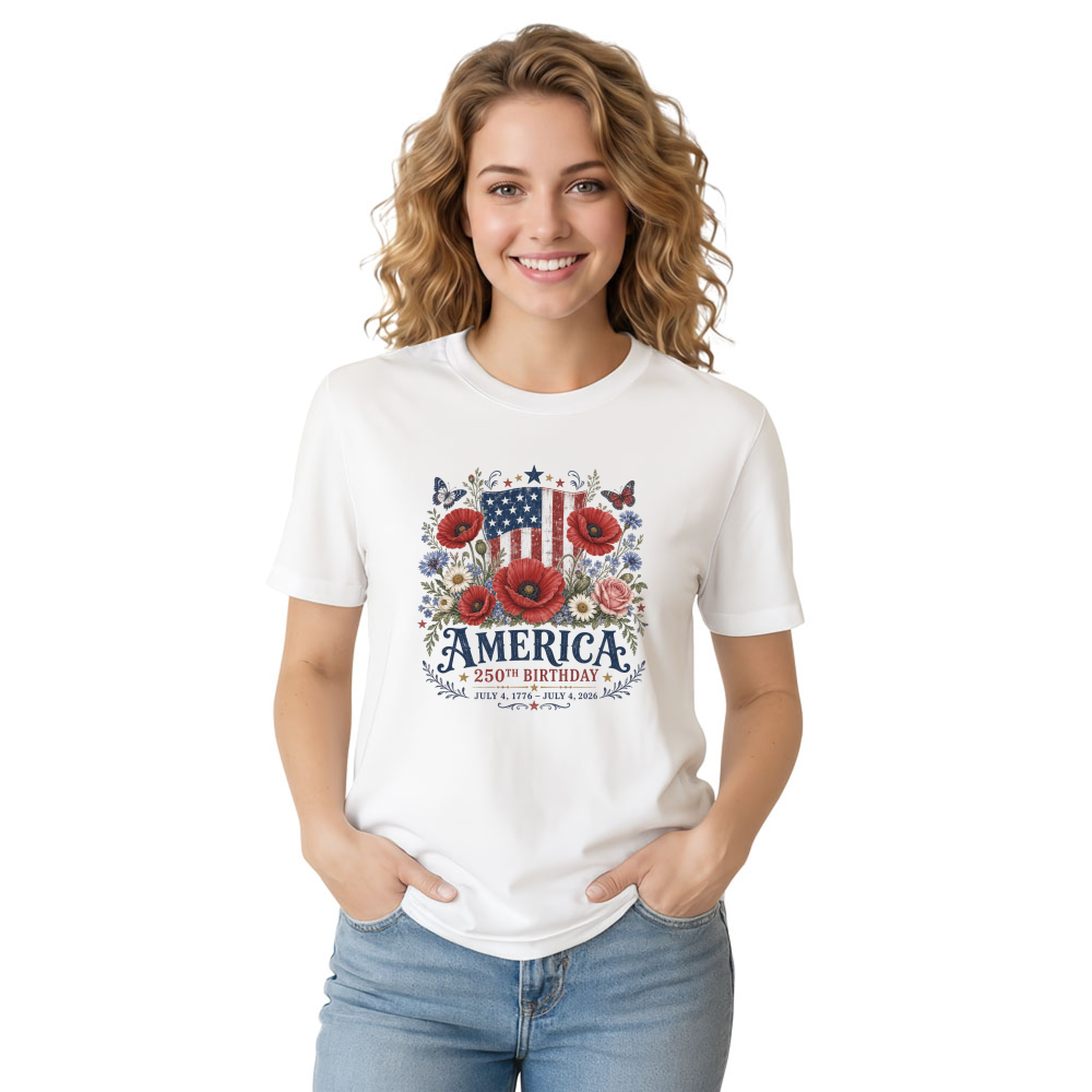 Patriotic 250 Years of Freedom Flower T-Shirt - USA 250 Celebration Gift