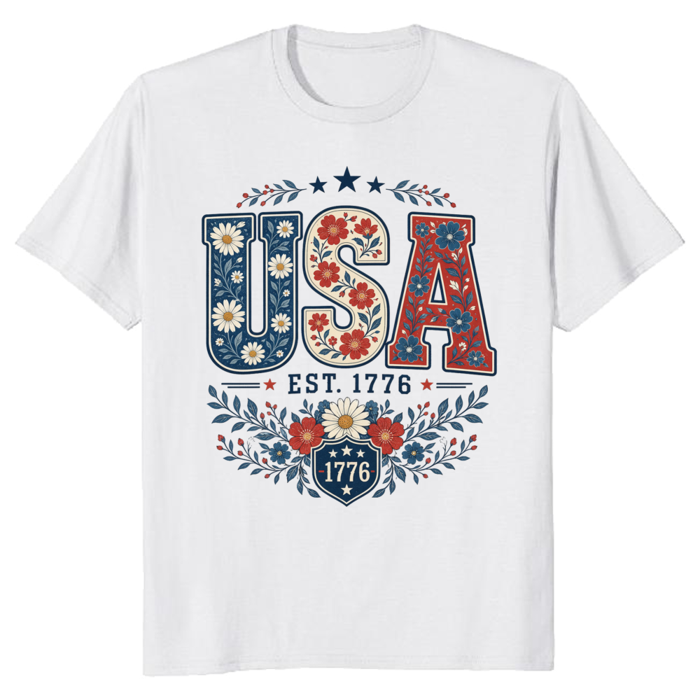 USA Flower Pattern Botanical Graphic T-Shirt