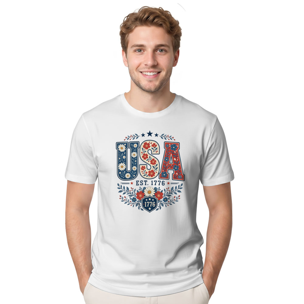 USA Flower Pattern T-Shirt - Independence Day Celebration