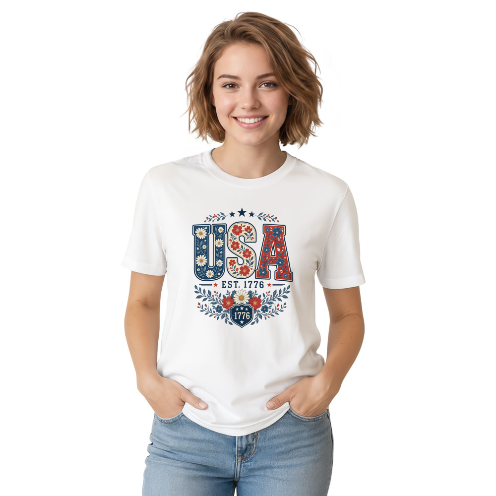 USA Flower Pattern T-Shirt - Independence Day Celebration