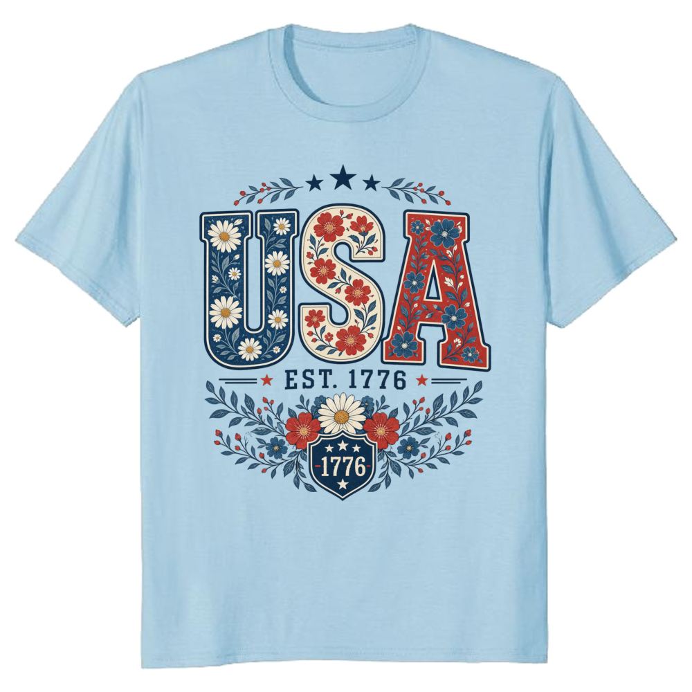 USA Flower Pattern T-Shirt - Independence Day Celebration