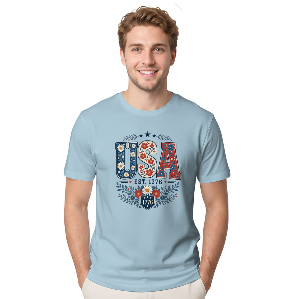 USA Flower Pattern T-Shirt - Independence Day Celebration