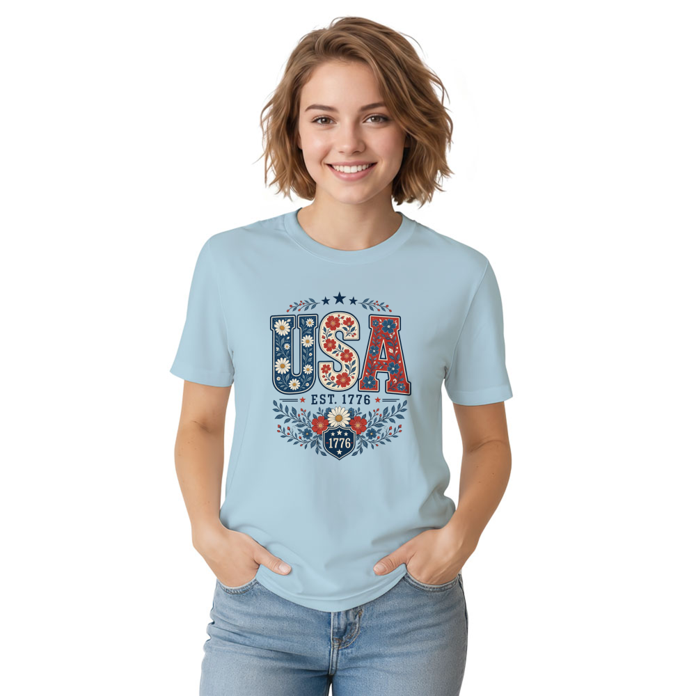 USA Flower Pattern T-Shirt - Independence Day Celebration