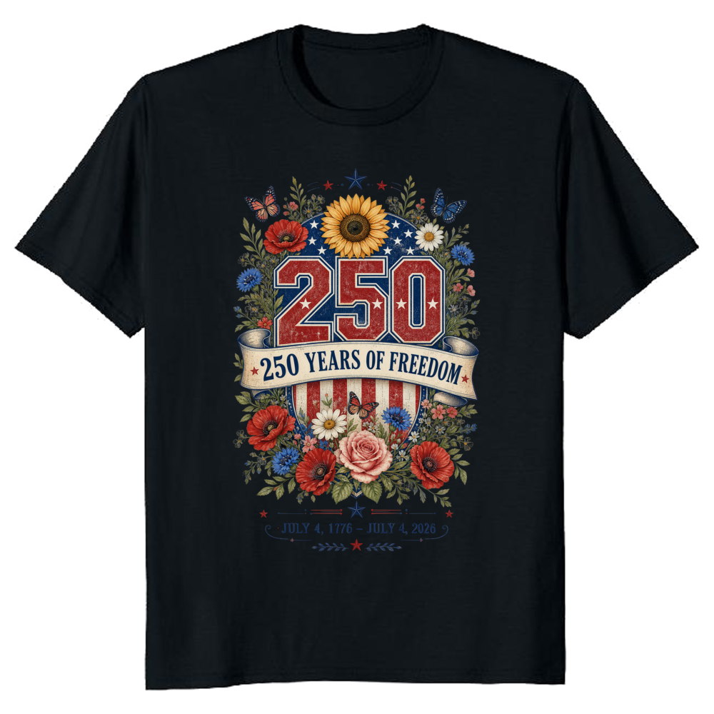 Patriotic 250 Years of Freedom Floral T-Shirt - USA 250 Celebration Gift
