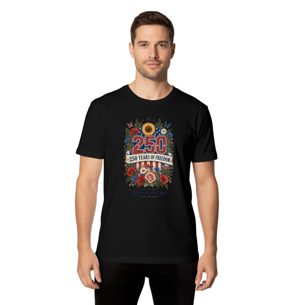Patriotic 250 Years of Freedom Floral T-Shirt - USA 250 Celebration Gift