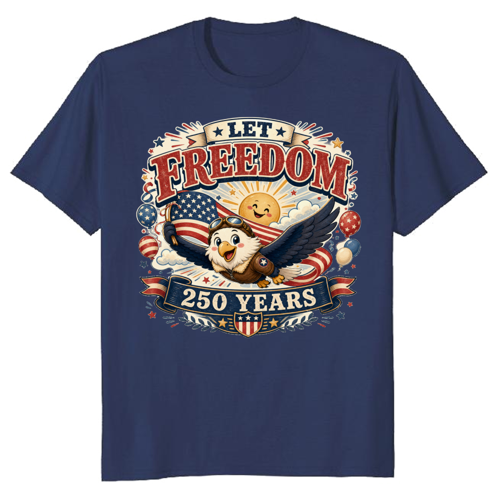 Cute Cartoon Bald Eagle, 4th Of July Merica USA Flag, 250 Years Still Free Patriotic Funny Family Summer Celebration T-Shirt