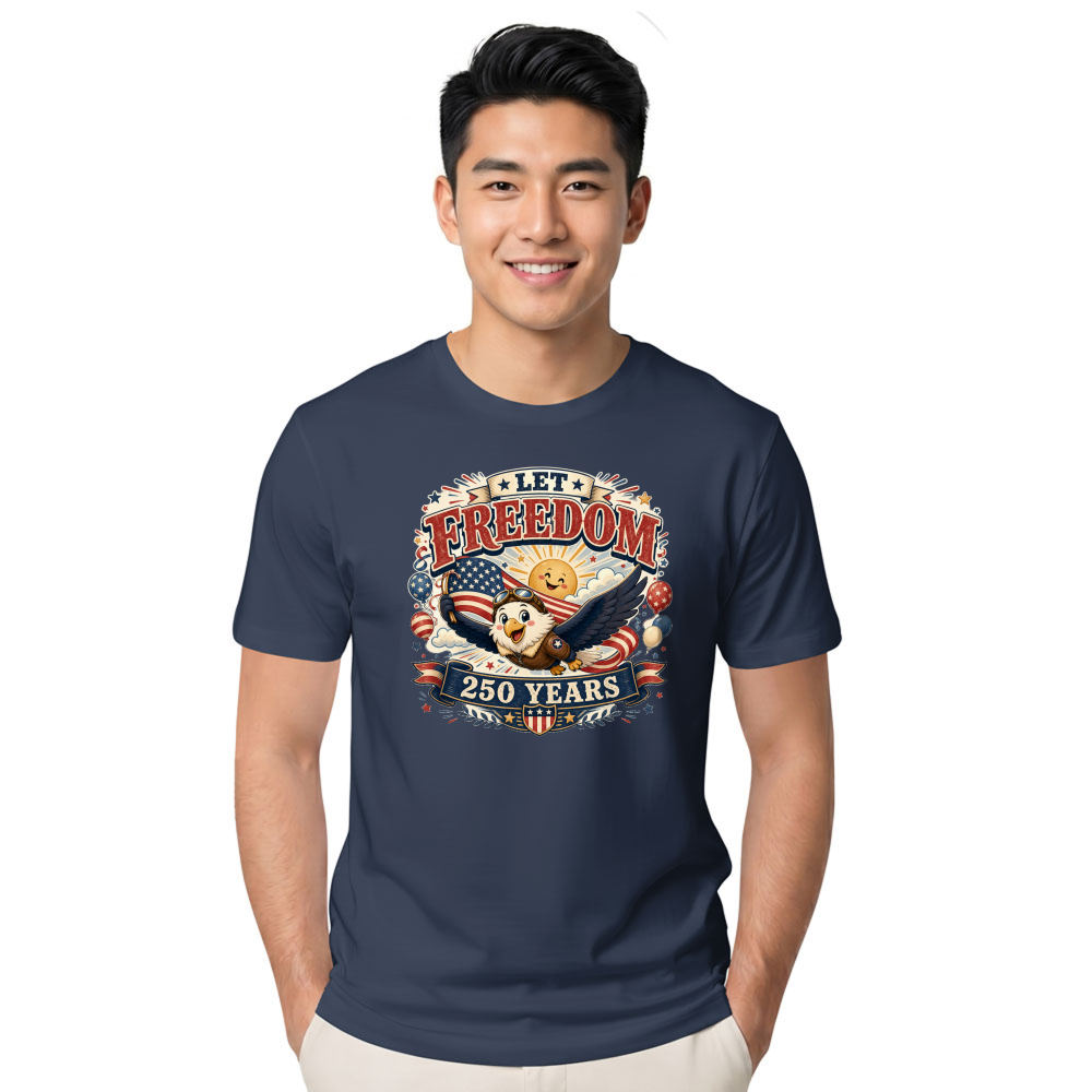 Cute Cartoon Bald Eagle, 4th Of July Merica USA Flag, 250 Years Still Free Patriotic Funny Family Summer Celebration T-Shirt